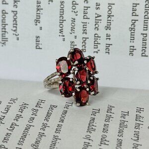 Sterling Silver 925 Multi-Garnet Cluster Ring Size 6 – Statement Jewelry